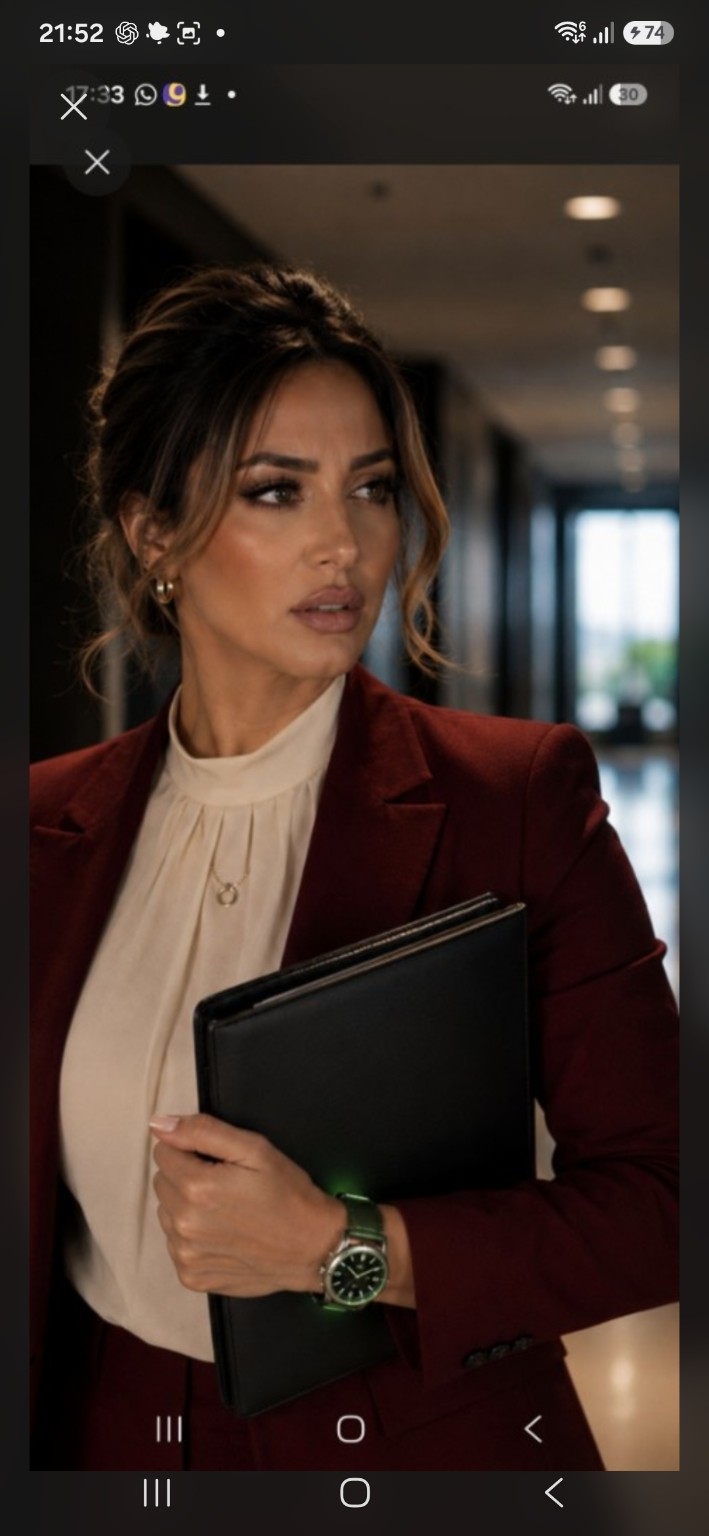 A woman in a burgundy blazer carrying a folder and wearing a wristwatch at the office